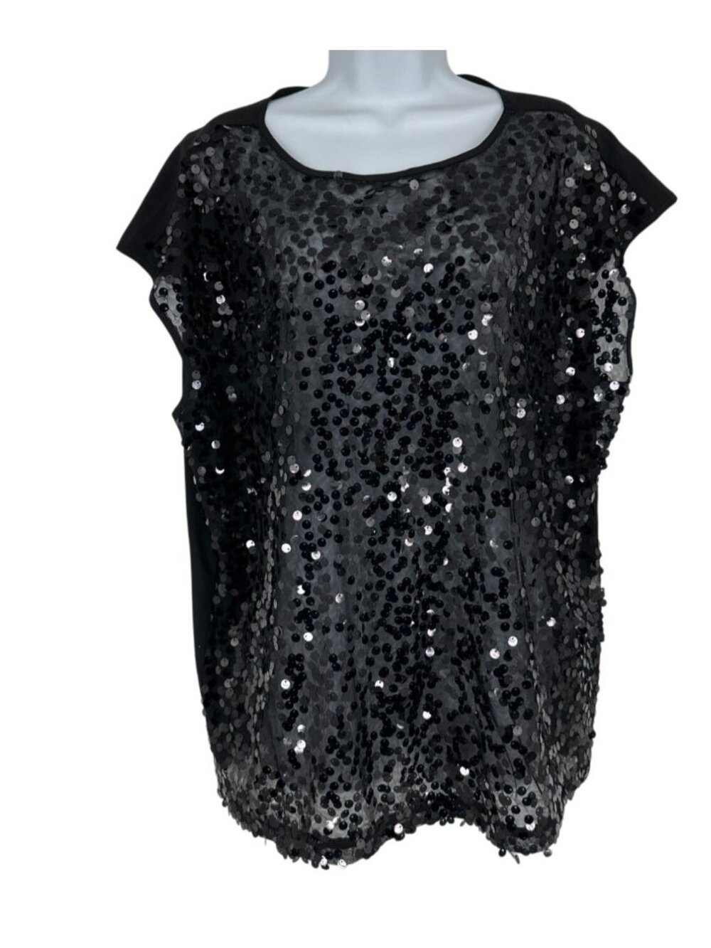 Lane Bryant Sheer Black Sequin Front Cap Sleeve Popover Top Size 14